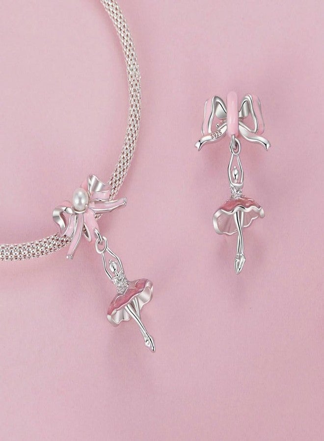 LAMOONY Ballet Dancer Charm 925 Sterling Silver Pink Ribbon Pendant for Pandora Charm Bracelet Gift for Anniversary Birthday Christmas Day (B) - Image 2